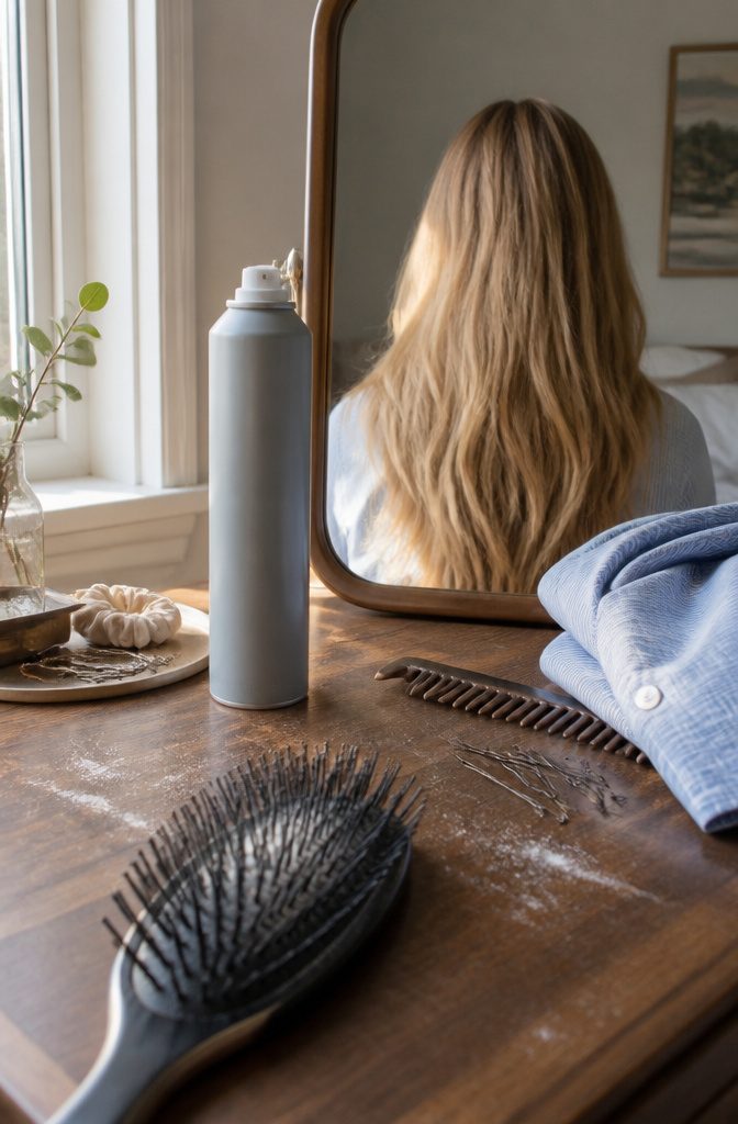 Batiste aerosol can beside day-three hair and a brush dusted with white powder