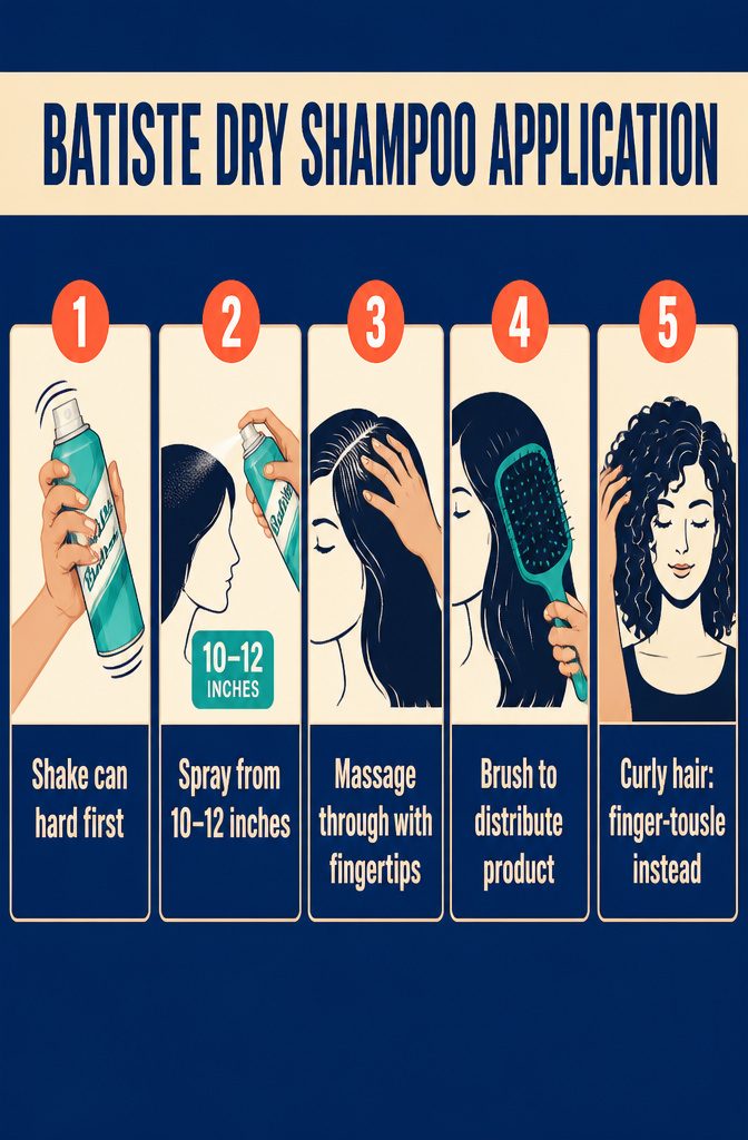 Batiste Dry Shampoo Application guide with steps for spraying and brushing product through hair