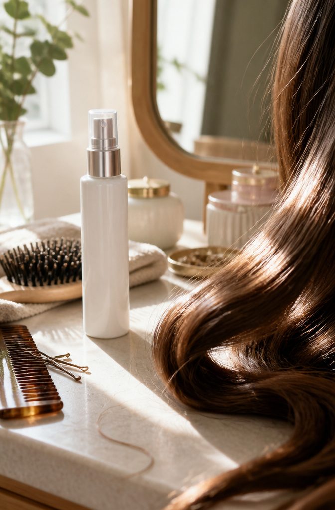 Touch of Gloss Shine Mist bottle beside glossy hair ends and a brush