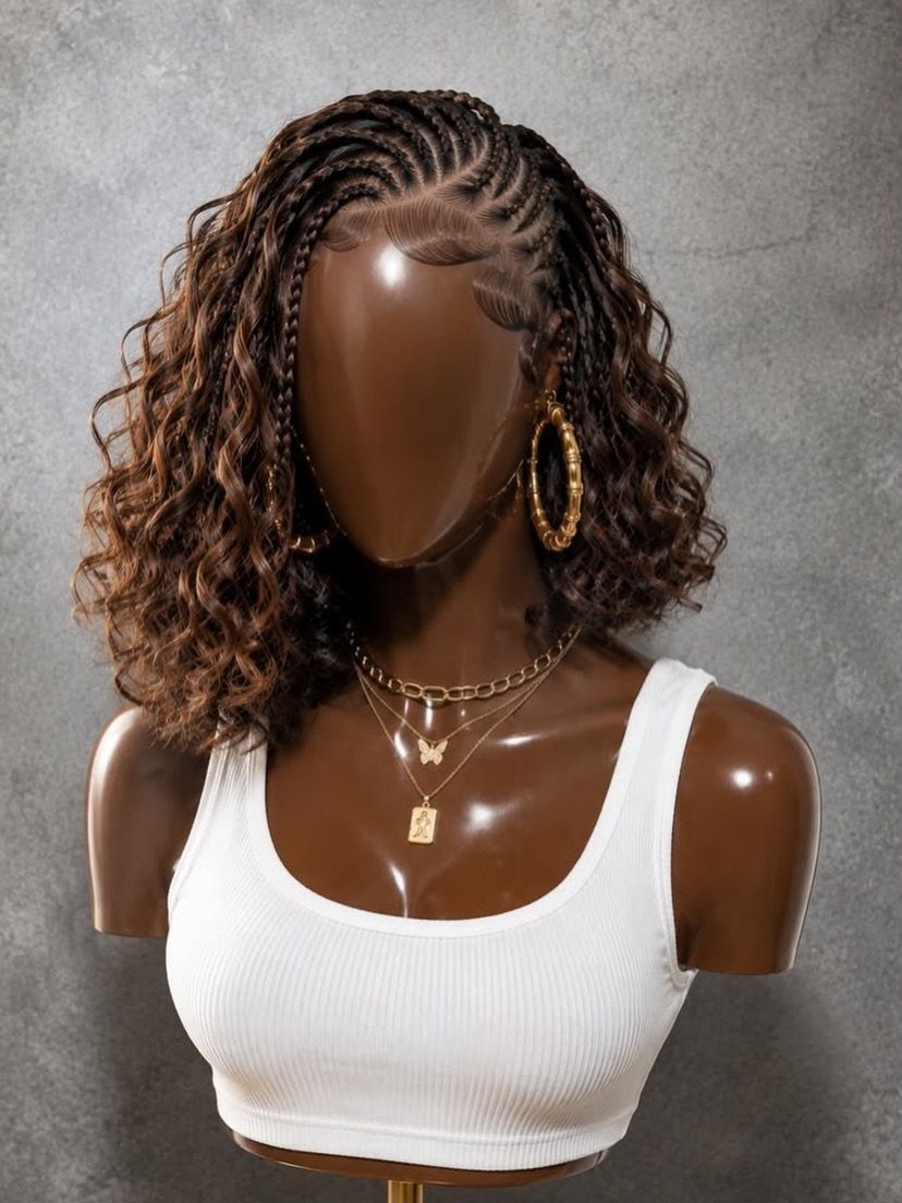 Mannequin with cornrow braids transitioning into a curly brown bob length hairstyle.