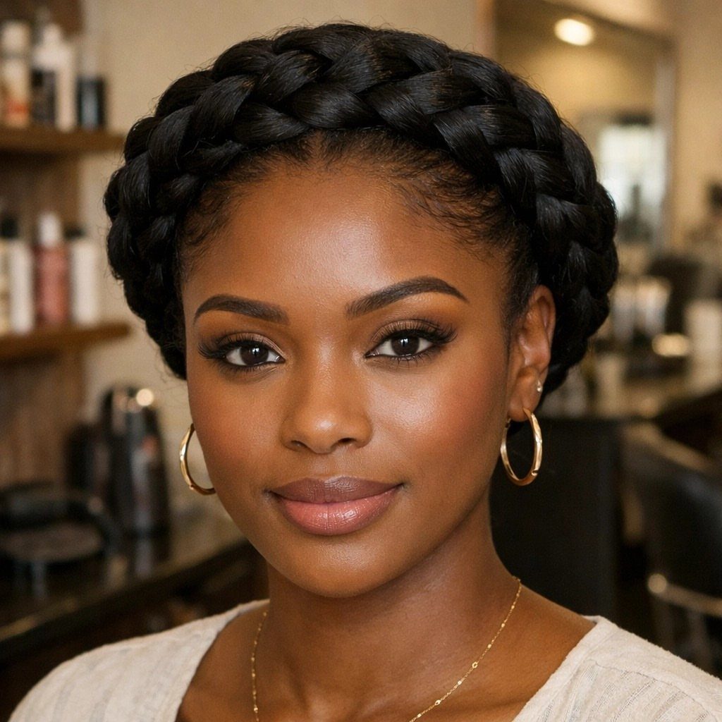 Woman with a thick black halo braid wrapped around her head and gold earrings.