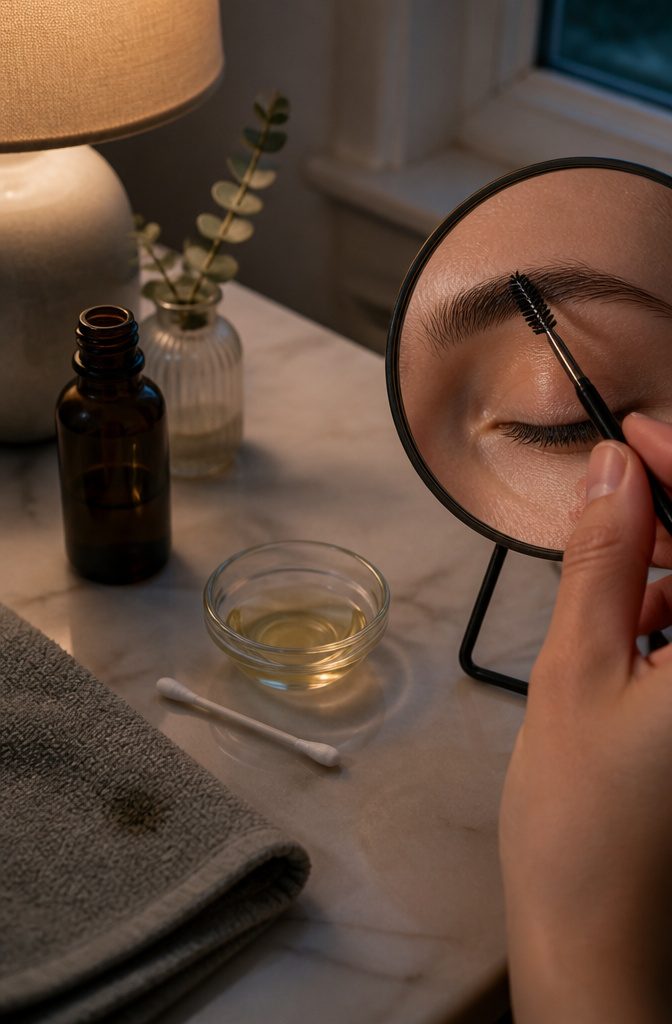 Clean spoolie with a small amount of oil near an eyebrow
