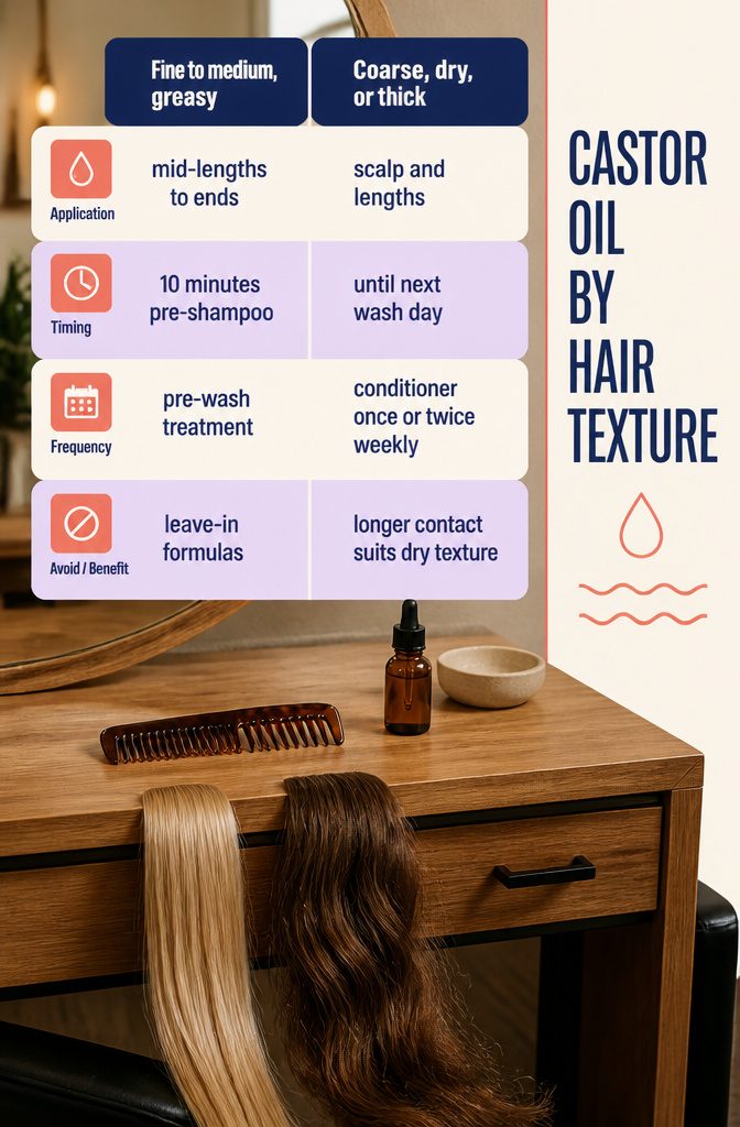 Beauty graphic matching hair textures with castor oil application methods