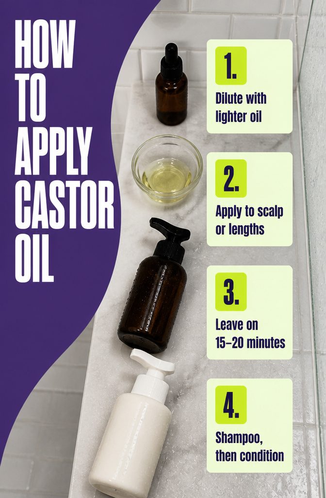 Beauty graphic illustrating castor oil application methods
