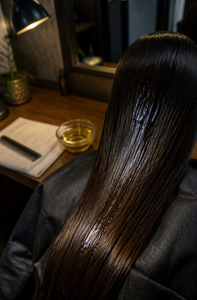 Long smooth hair reflecting light beside a glass dish of oil