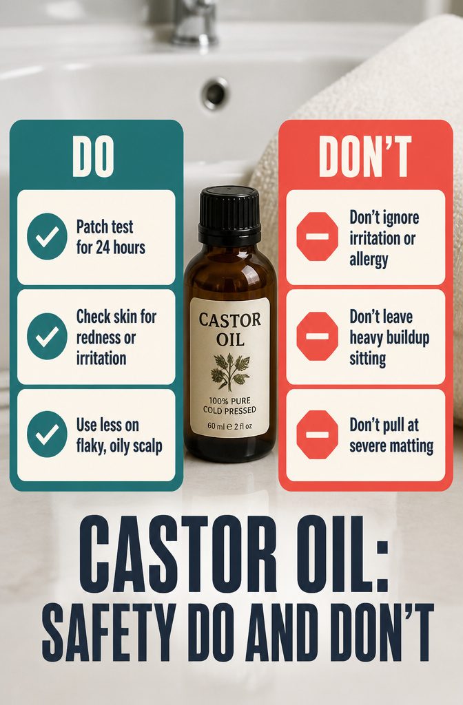 Beauty graphic with castor oil safety do and don't reminders