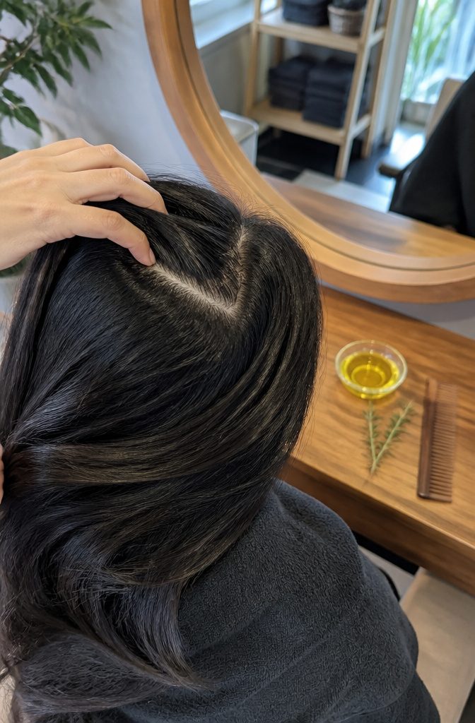 Parted hair and scalp beside castor oil and a rosemary sprig