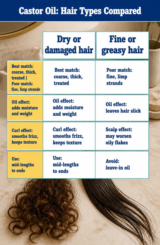 Beauty graphic comparing hair types and castor oil suitability