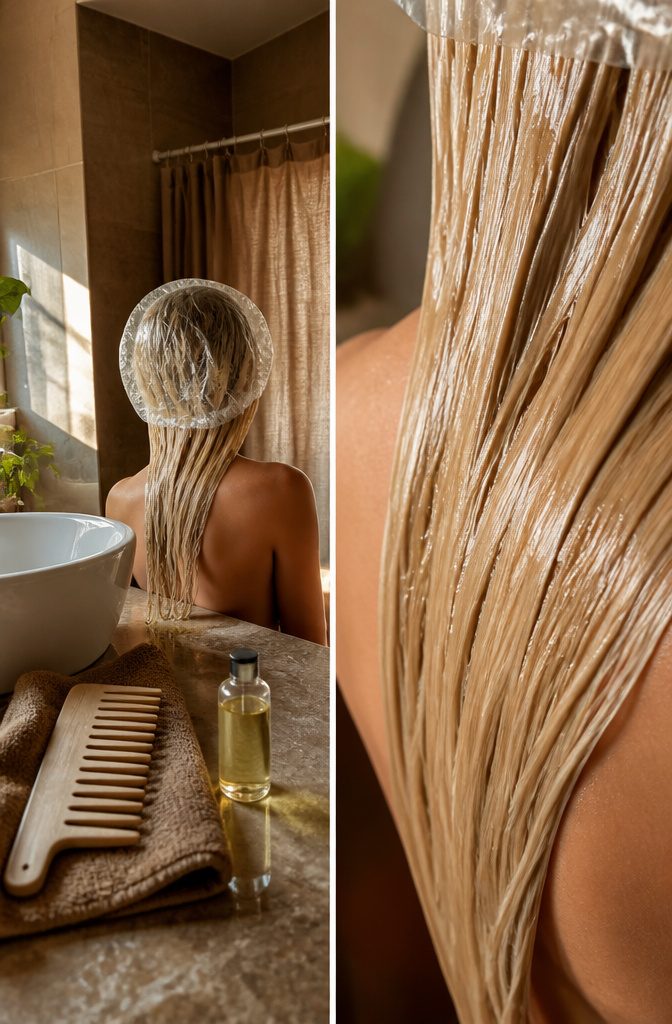 Damaged hair strands coated with thick castor oil