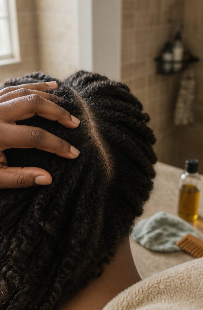 Castor oil applied to a dry scalp with visible flakes