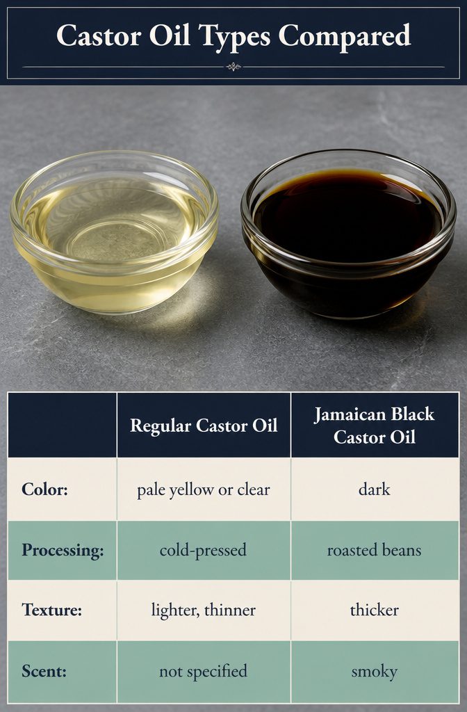 Beauty graphic comparing pale regular and dark Jamaican black castor oil