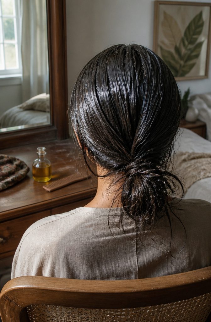 Hair strands coated with castor oil for a fuller appearance