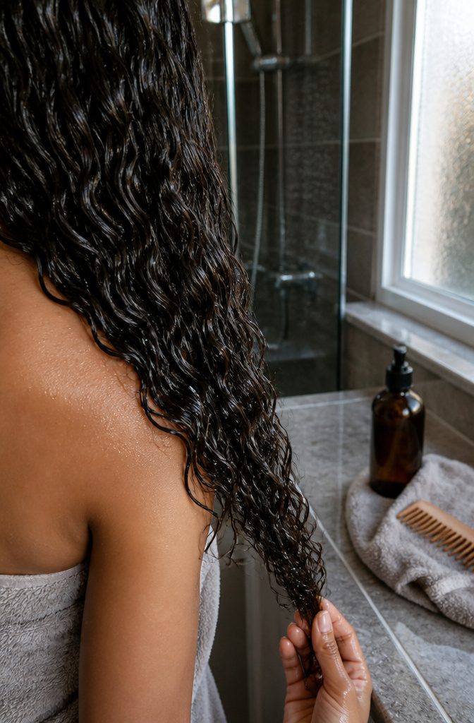 Hair strands coated with castor oil to hold in moisture