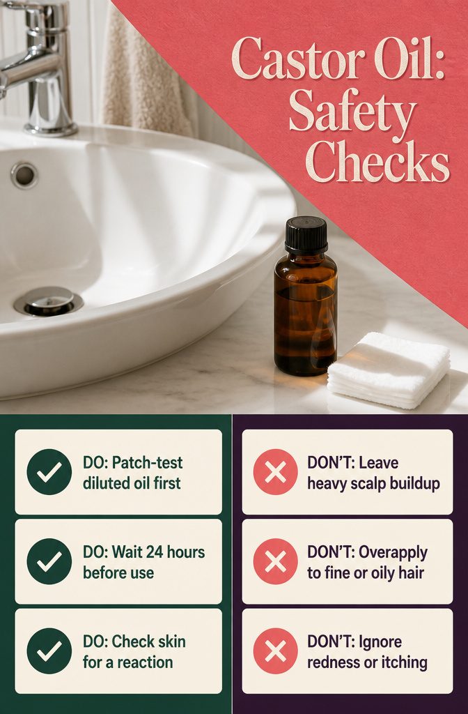 Beauty graphic titled Castor Oil Safety Checks