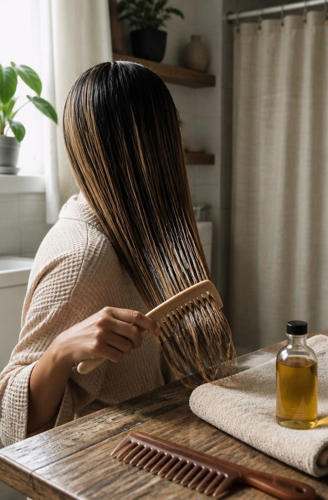 Long color-processed hair being combed over a woman's shoulder