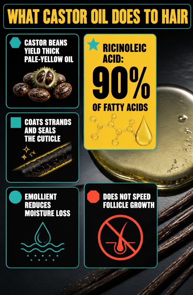 Beauty graphic titled What Castor Oil Does to Hair