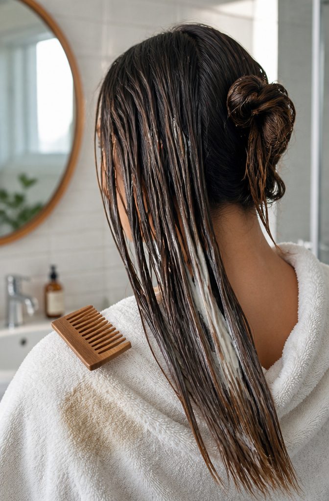 Hands applying coconut oil to sections of hair