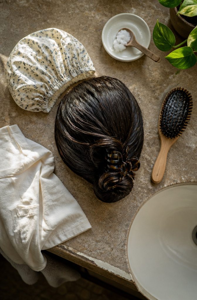 Oiled hair twisted into a loose bun and secured with a claw clip