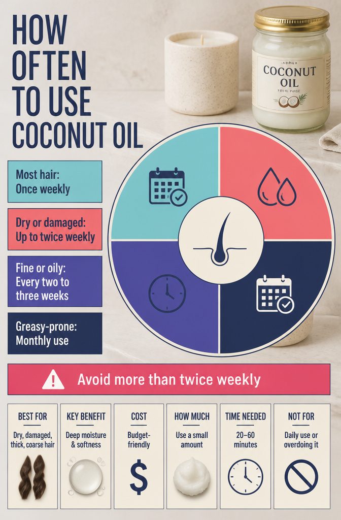 Graphic showing how often to use a coconut oil hair mask