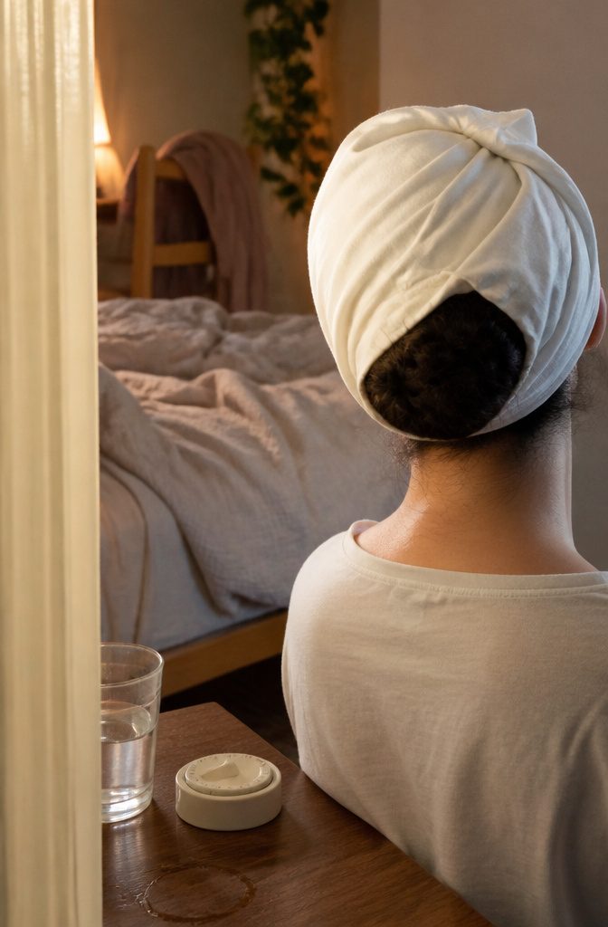 Back of head with oiled hair in a bun under a cotton T-shirt wrap