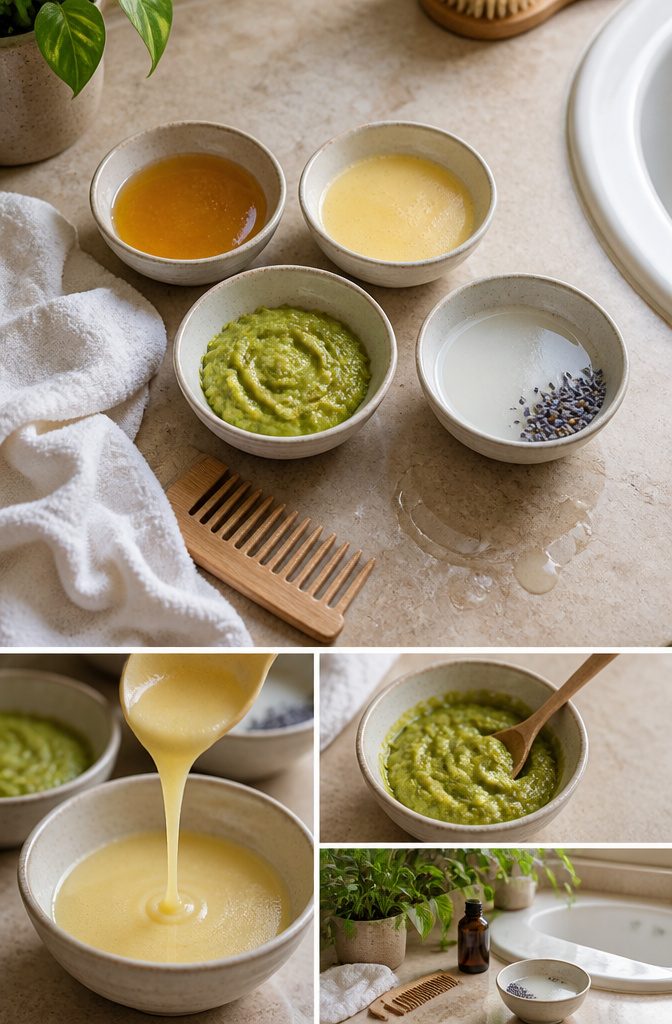 Bowls of coconut oil mask ingredients including honey and avocado