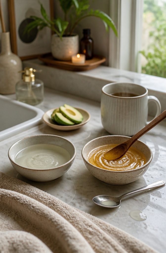 Bowls of runny coconut oil and honey mixture beside a spoon and avocado