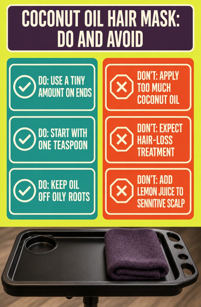 Graphic showing do and avoid tips for a coconut oil hair mask