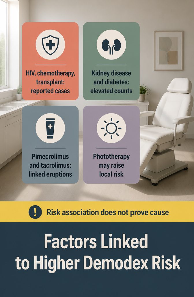 Demodex risk infographic about immune function and topical immunosuppressant medicines