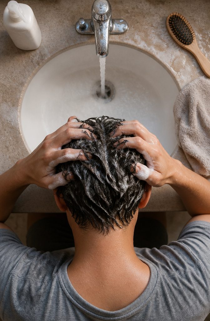 Person washing hair with mild shampoo as part of daily scalp cleansing