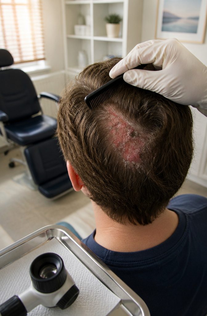 Scalp with patchy hair loss red areas visible scales and small pustules
