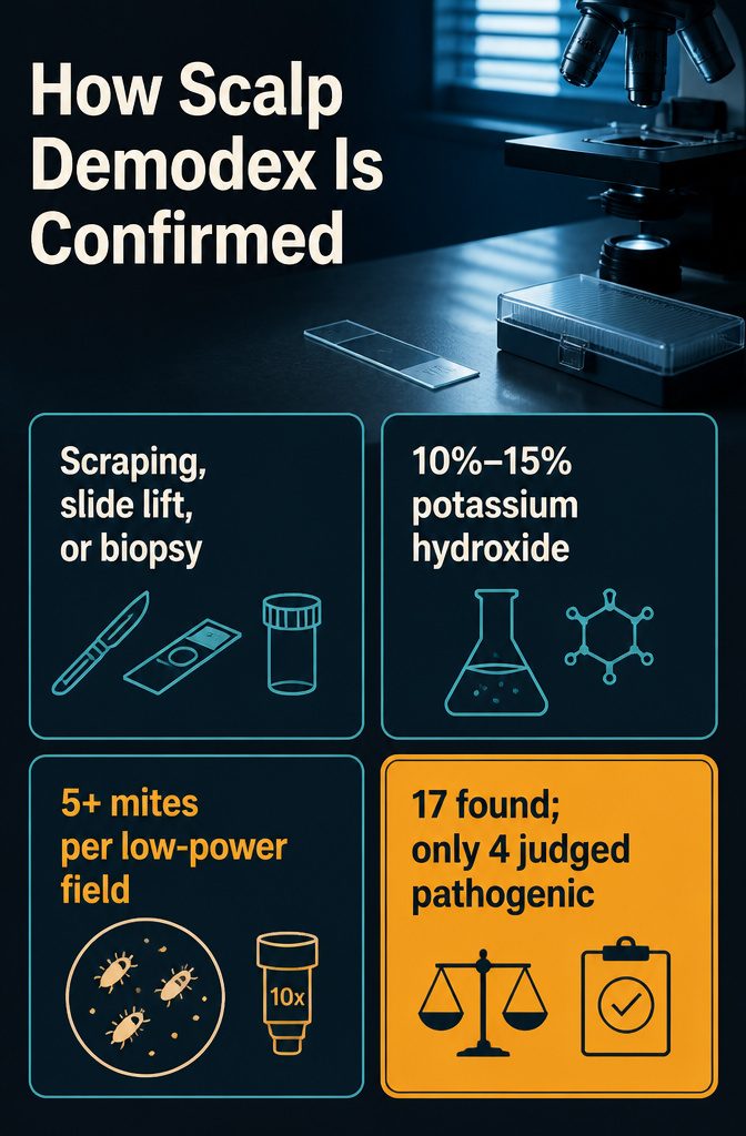 Scalp Demodex confirmation infographic with diagnostic steps and microscopy