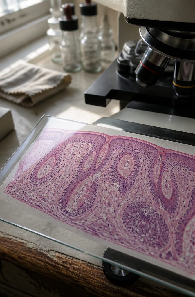 Biopsy tissue with mites in several follicles surrounded by dense immune cells