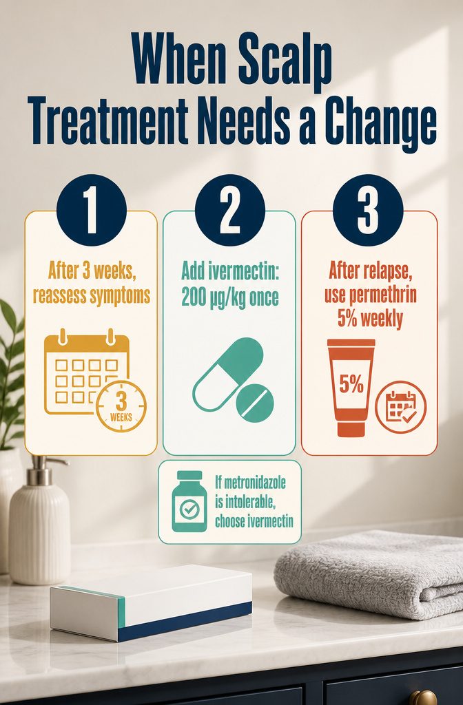 Scalp treatment infographic showing when to change therapy after limited improvement