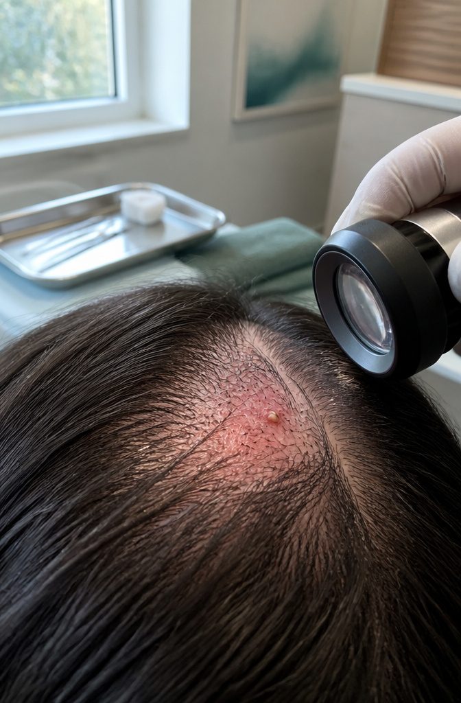 Scalp follicles with pale elongated mites beside red scaling and a small pustule