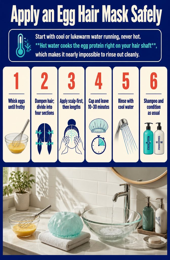 Beauty information graphic with egg hair mask safety instructions