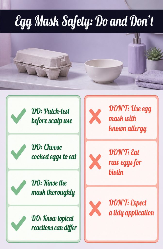 Beauty information graphic listing egg hair mask safety advice