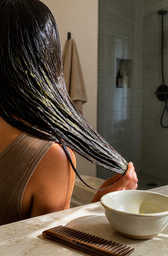 Dark hair coated with a thin layer of egg mixture