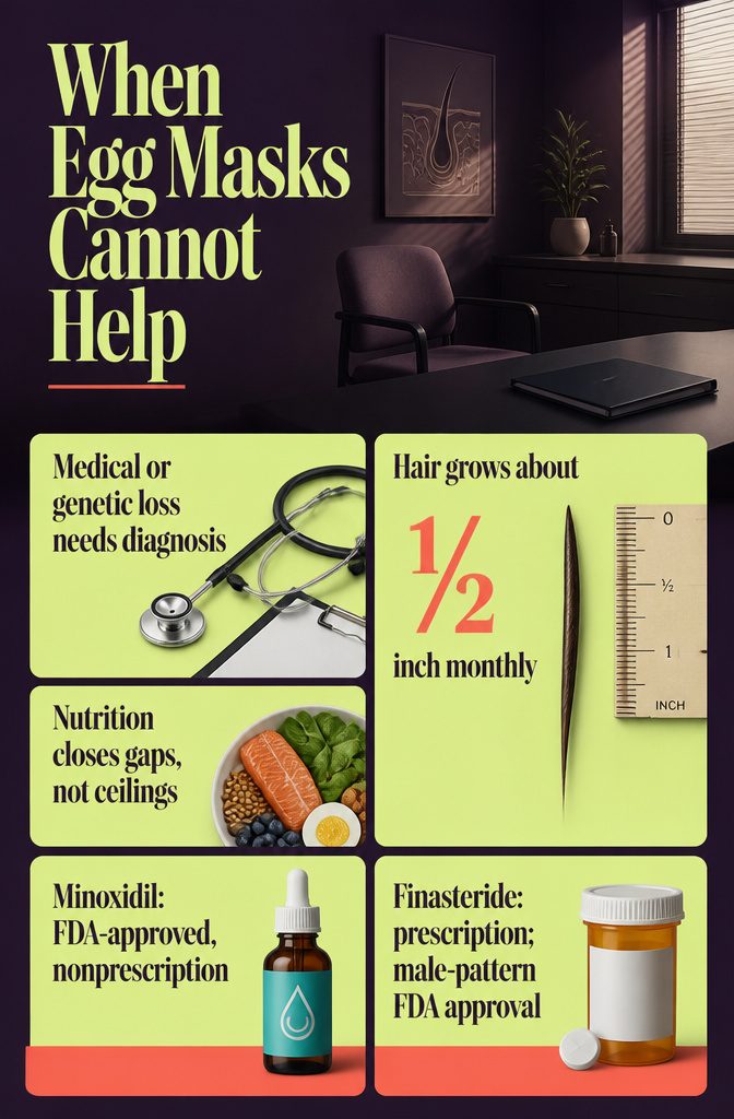 Beauty information graphic about limits of egg masks for hair loss