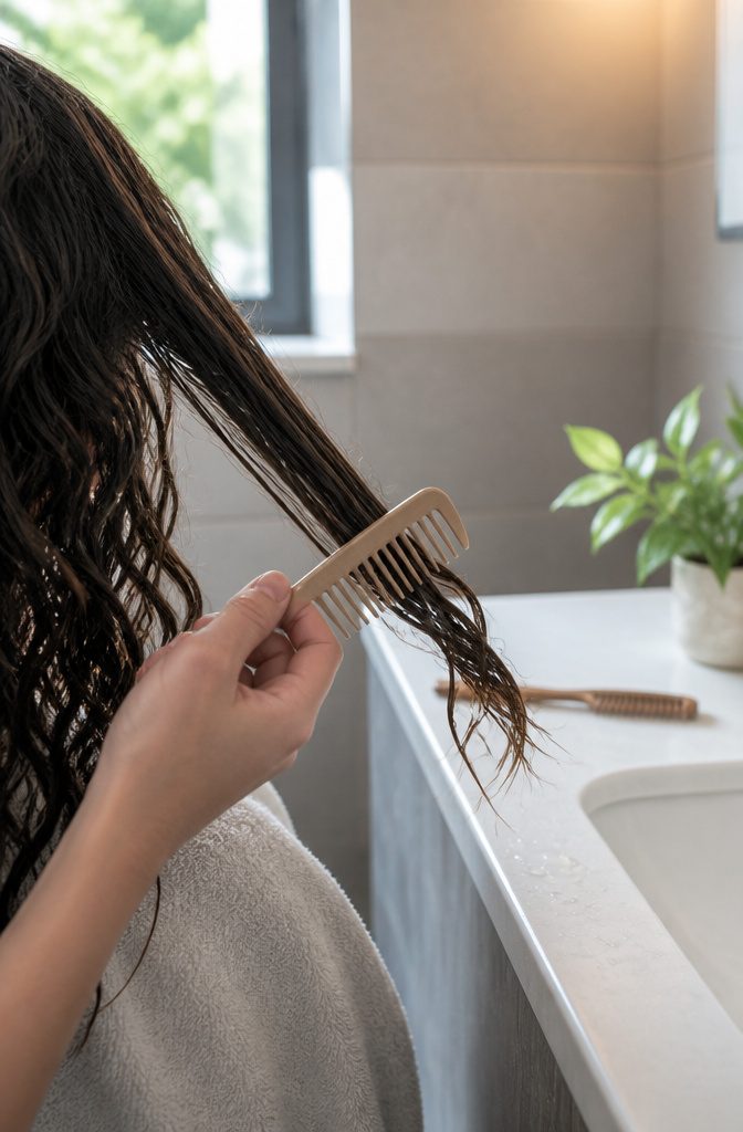 Wide-tooth comb moving upward through damp wavy hair from the tips