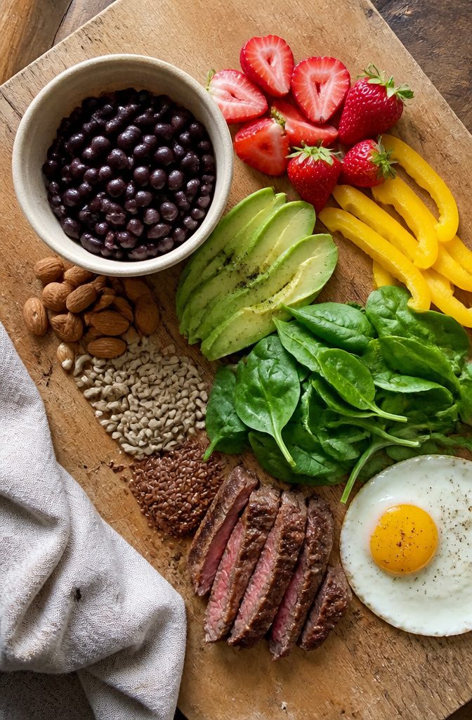 Eggs beans nuts and fish arranged as protein-rich foods for hair health