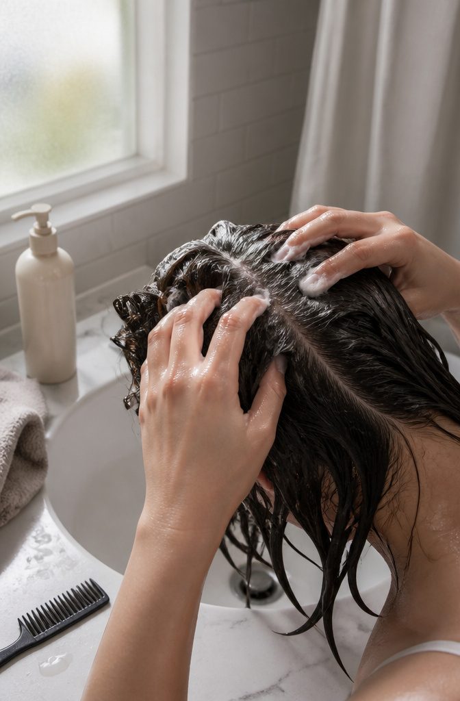 Hands massaging shampoo into damp sectioned hair at the crown
