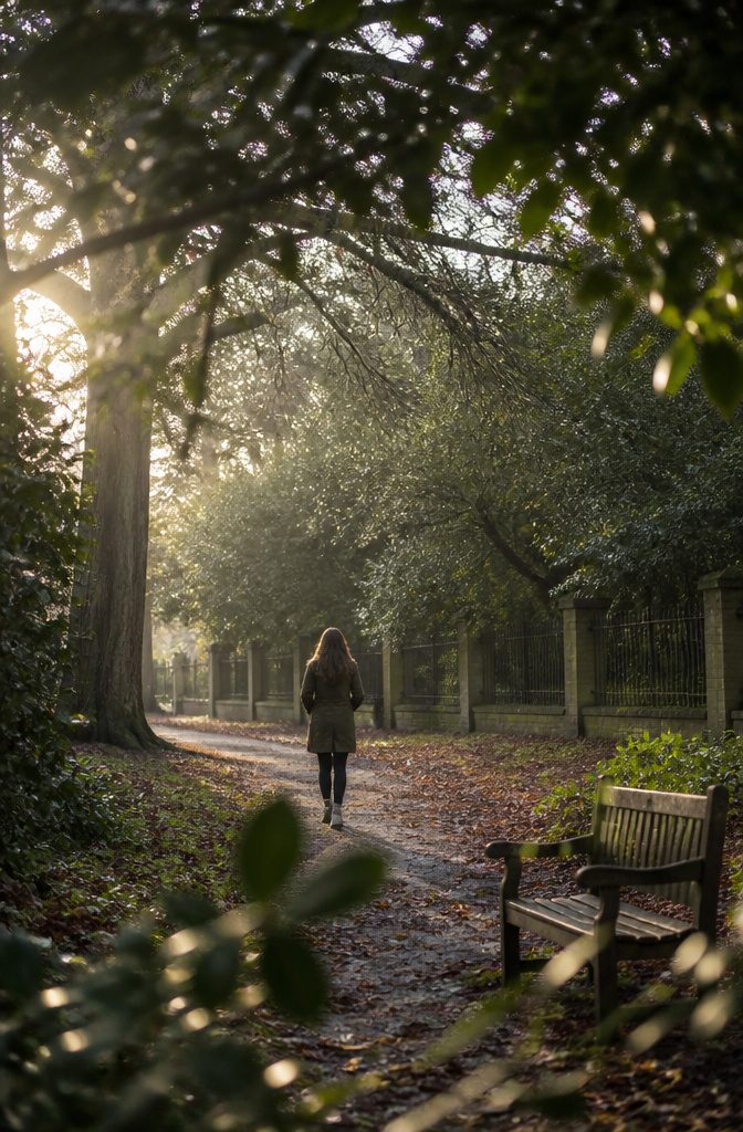 Person walking outdoors on a quiet path among trees