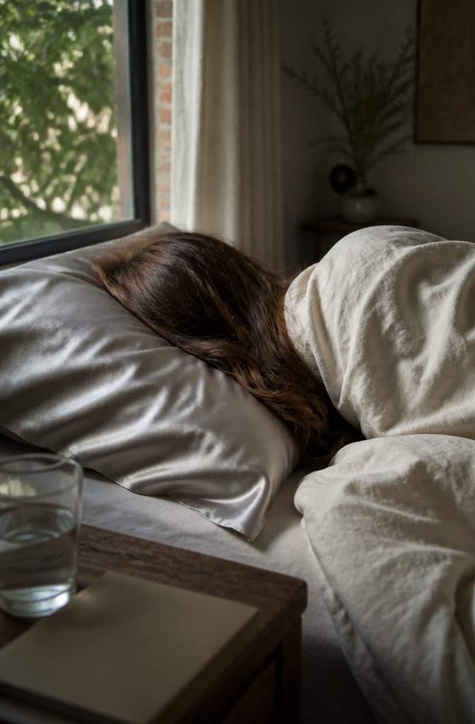 Person sleeping on their side with loose hair spread over a silk pillowcase
