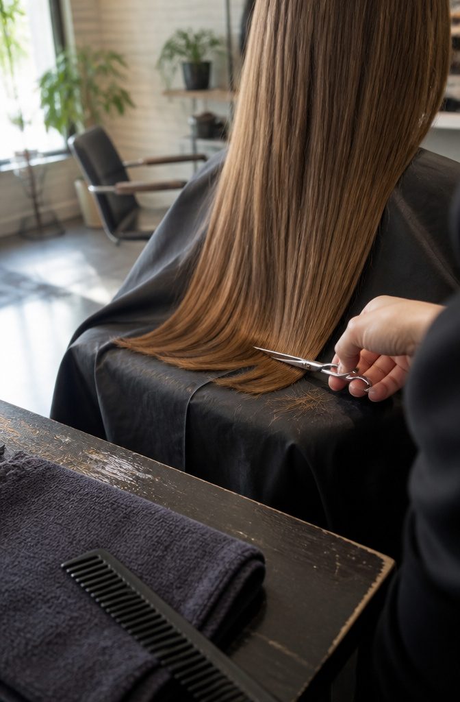 Stylist trimming the ends of a section of long hair
