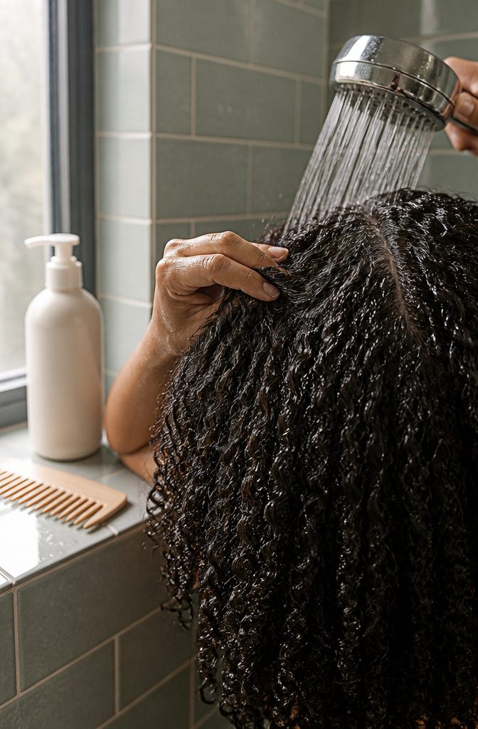 Wet defined curls rinsed with a handheld showerhead and separated near roots