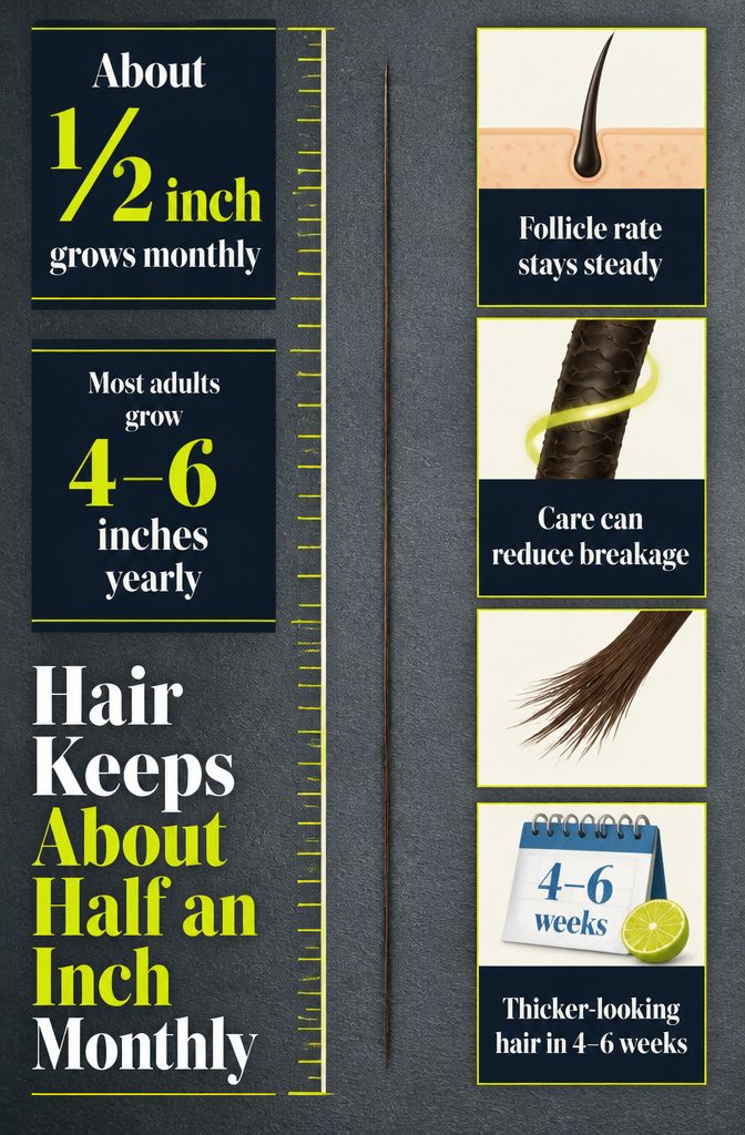 Hair growth information graphic with the title Hair Keeps About Half an Inch Monthly