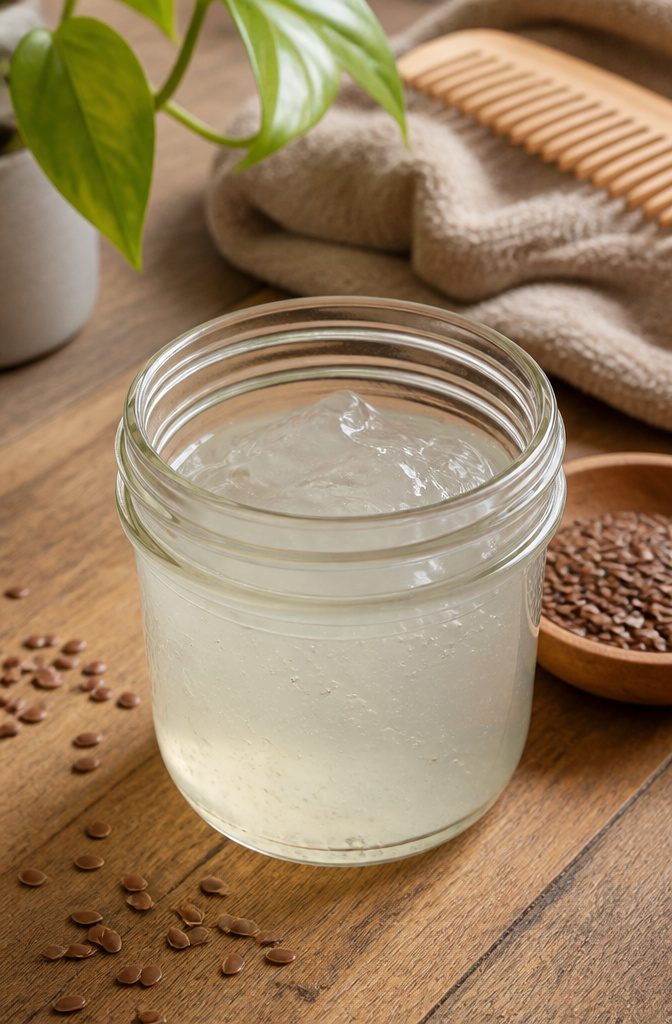 Hands applying flaxseed gel to damp curly hair