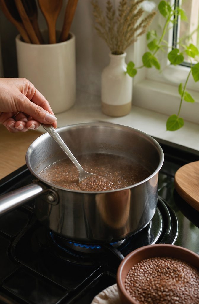 Flaxseeds simmering in a pot of water on a stovetop