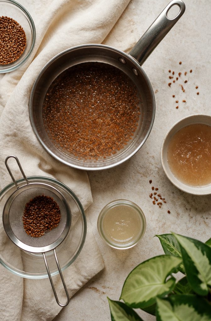 Whole flaxseeds beside a glass of water on a kitchen counter