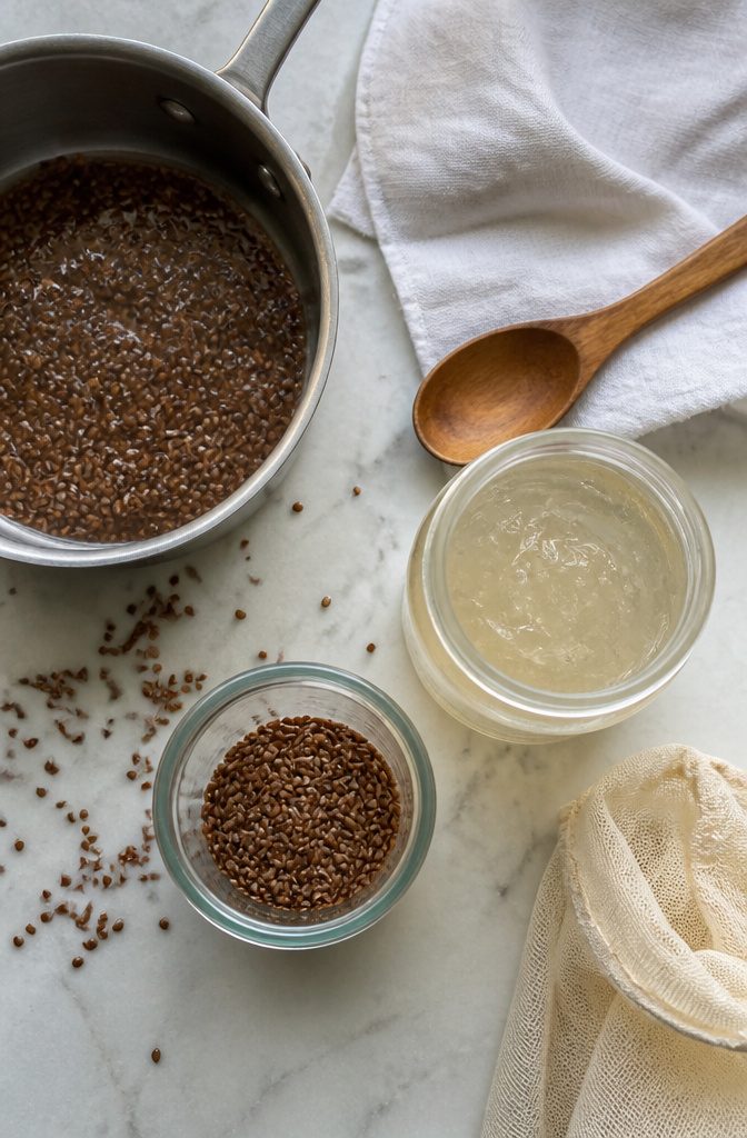 Cooled flaxseed gel beside aloe vera gel and small ingredient bowls